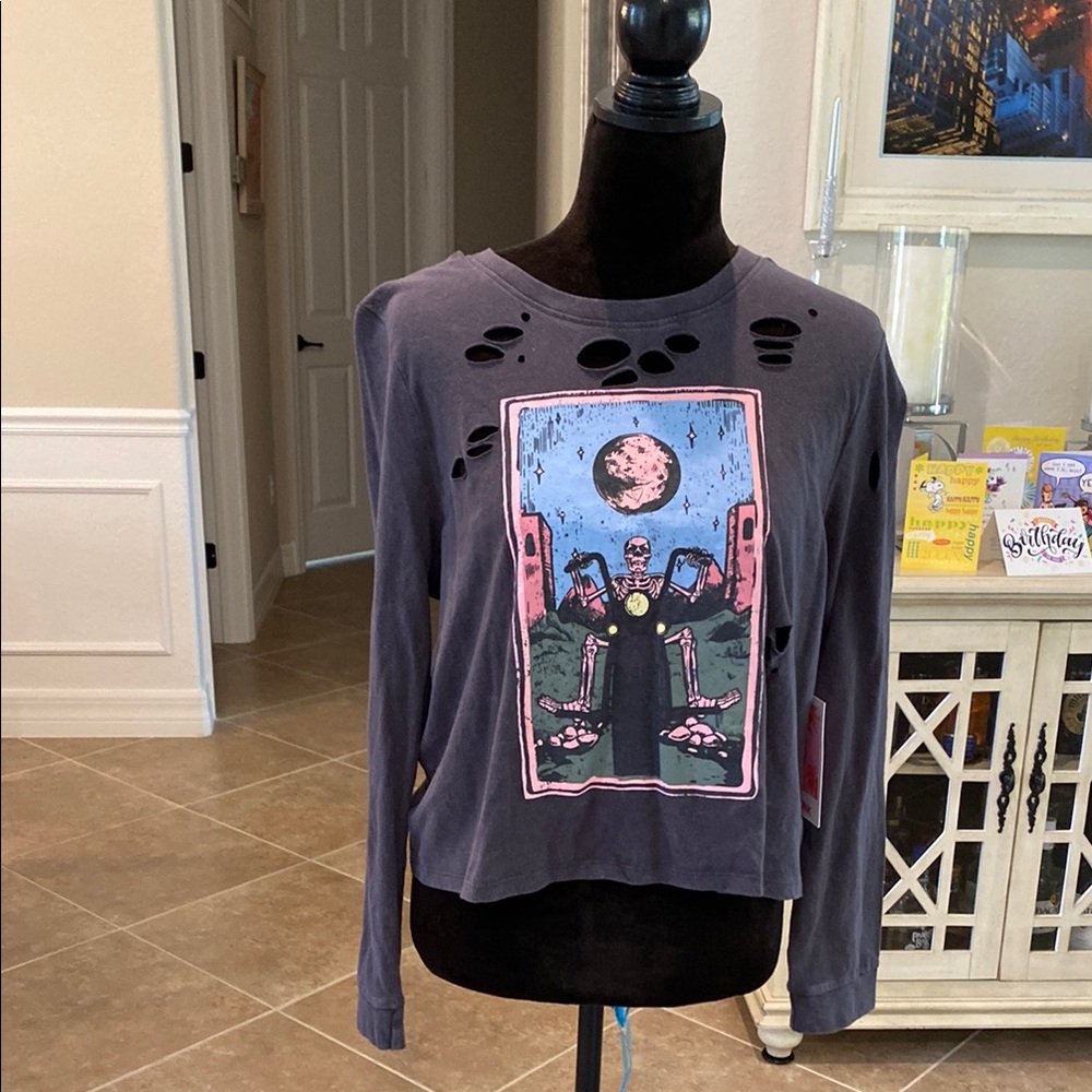 Electric Pink Gray Distressed Long Sleeve Graphic Tee, L, NWT